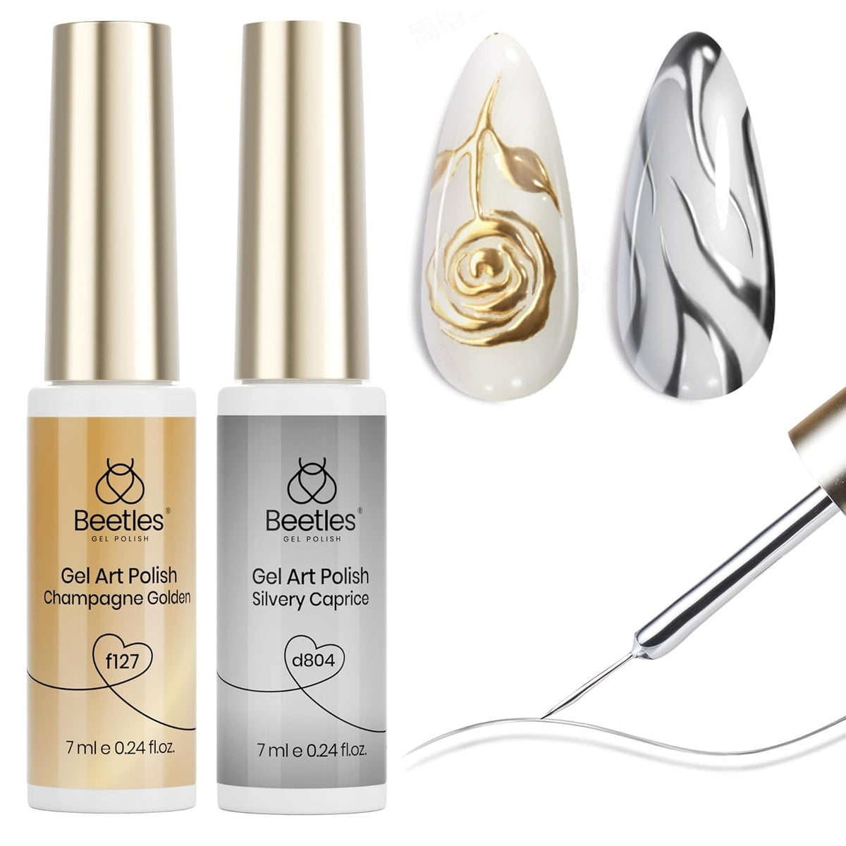 Beetles Metallic Gel Nail Polish Liner Set Silver Bronze Gold 2pcs Gel Liner Nail Art Chrome 3D High-Gloss Effect for Nail Paint Design with Thin Brush DIY French Manicure Curing Requires at Home