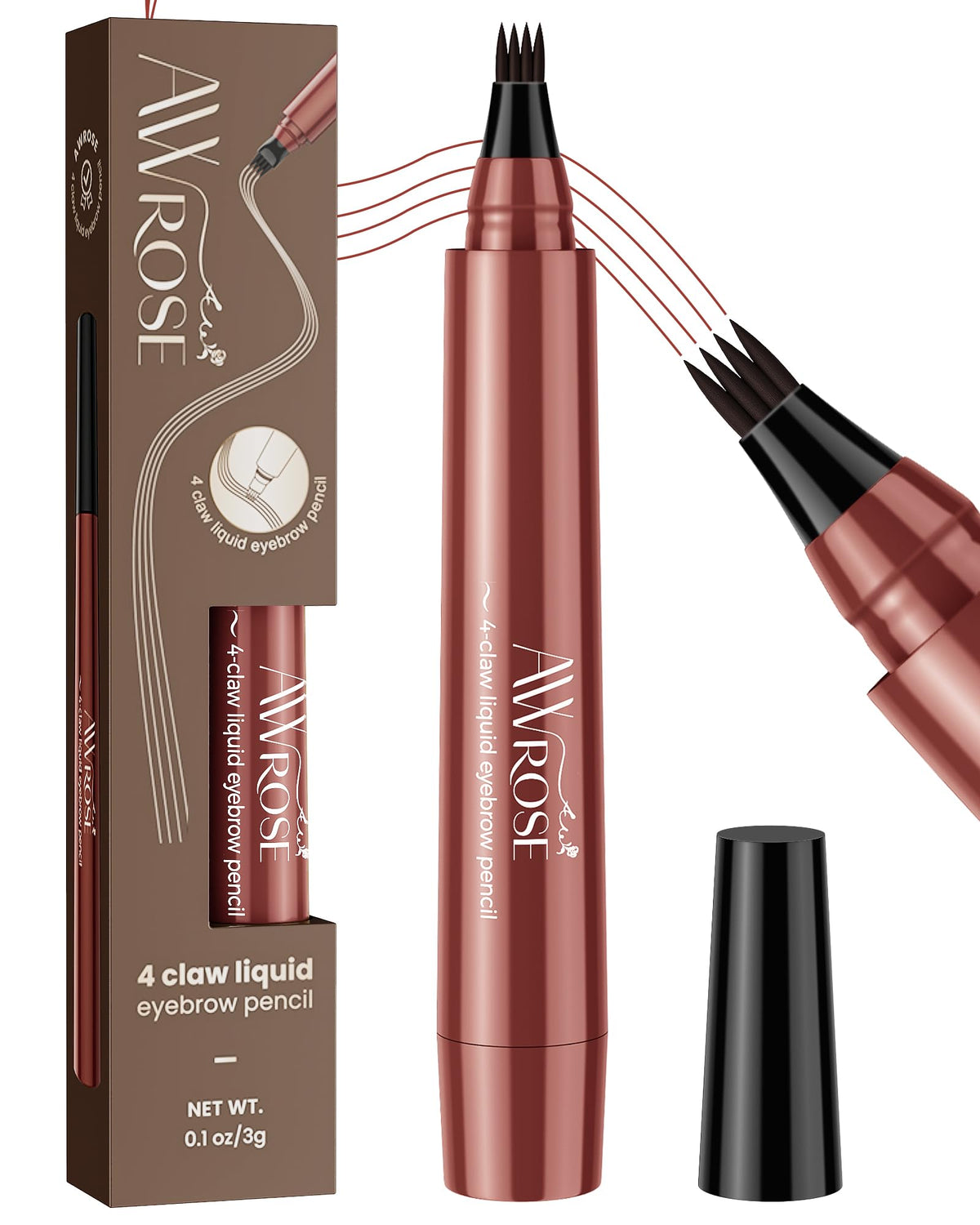 AWROSE Eyebrow Pencil, 3D Waterproof Microblading Eyebrow Pen 4 Fork Tip Tattoo Pencil, Precise Natural Brow Magic Eye Brow Pencil with Hair Like Strokes, 4 Points Multi-Used Eye Brow Pen for Women