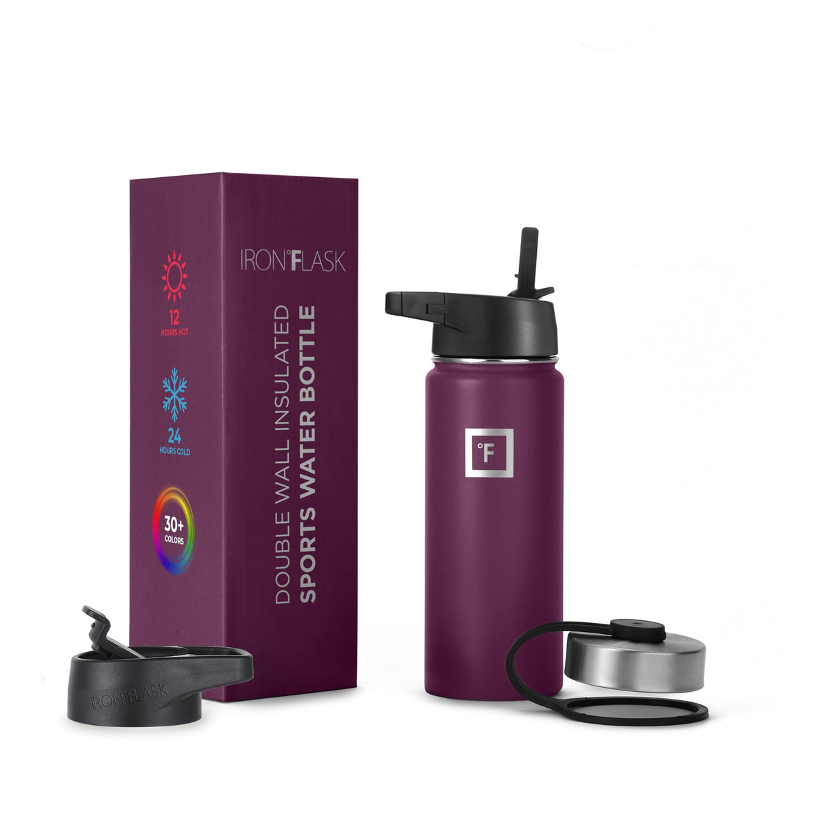 IRON °FLASK Camping & Hiking Hydration Flask, Wide Mouth, 3 Straw Lids, Stainless Steel Outdoor Water Bottle, Double Walled, Insulated Thermos, Metal Canteen - Burgundy, 18 Oz