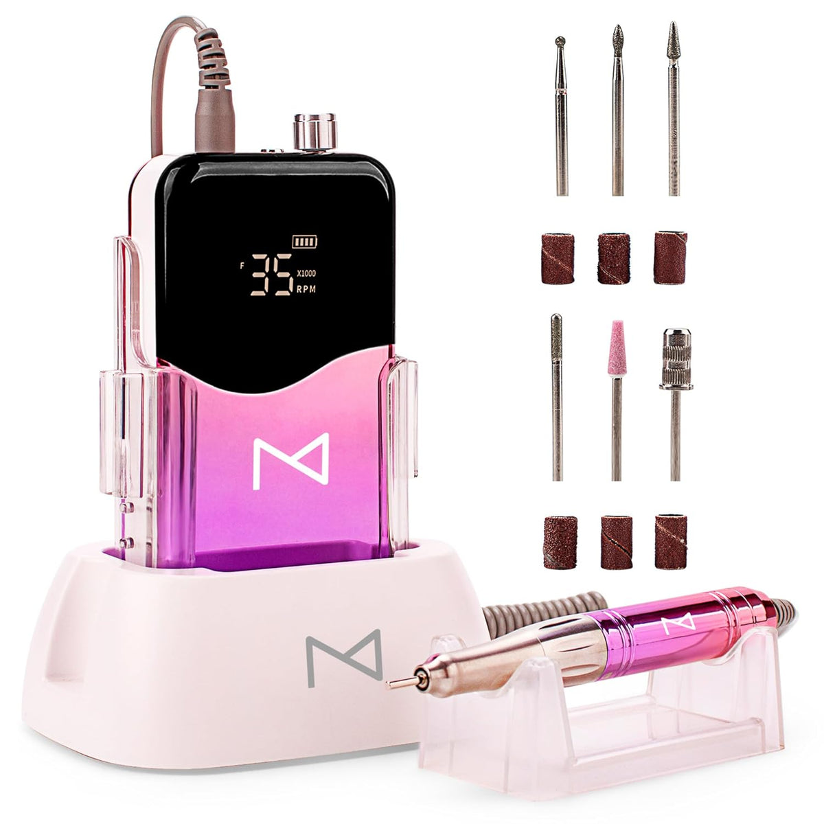 M Mase- Professional Nail Drill Machine - Coreless 2-in-1 Nail File - Electric, Cordless, 35000 RPM, HD Display - Electric Nail Drill for Professional & Home Use (Unicorn Purple)