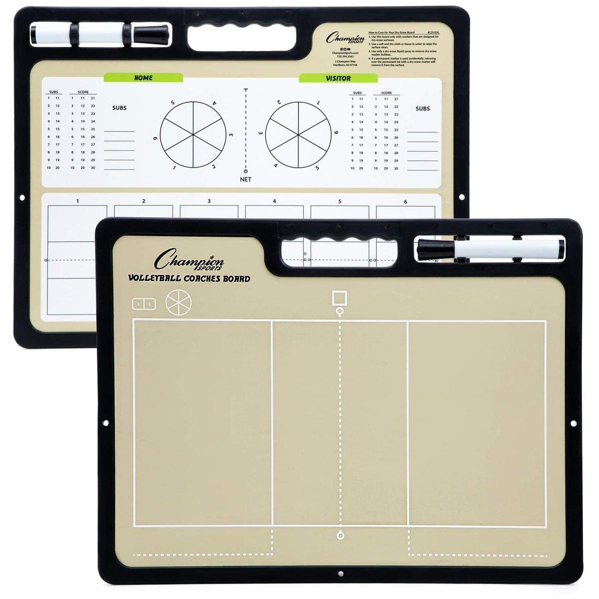 Champion Sports XL Dry Erase Board for Coaching Volleyball - Whiteboards for Strategizing, Techniques, Plays - 2-Sided Game Boards with Handle - Front Side Full Court - Backside Half Court and Lineup