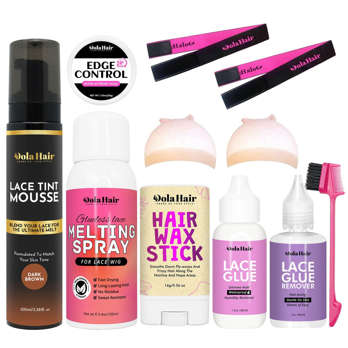 Dolahair Lace Glue Kit - Complete Set with Lace Tint Mousse, Wig Installation & Melting Spray (Dark Brown)