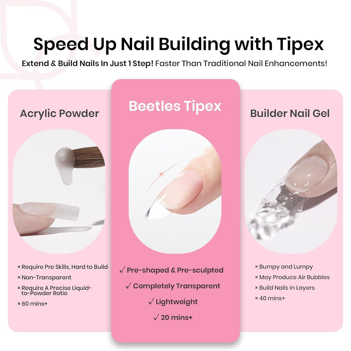 Beetles Tipex Gel Nail Kit, Medium Almond Nail Tips 224 Pcs 16 Sizes Pre-Building Pre-Etched False Nail Tips with Tipex Nail Glue, Mini Nail Lamp Thick Acrylic Nail Set Halloween Nails