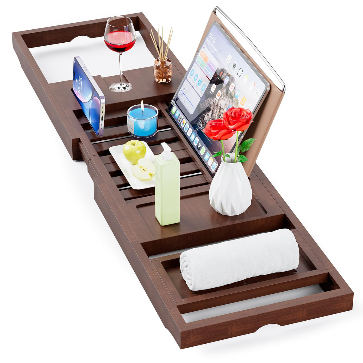 Yirilan Bamboo Bathtub Tray Caddy, 1 or 2 Person Expandable Wooden Bathroom Tray, Luxury Bamboo Bathtub Tray Expandable, Bath Tub Table Caddy with Extending, Brown