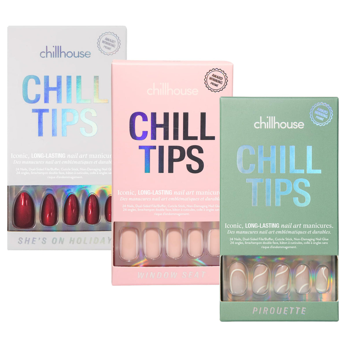Chillhouse - Chill Tips Press on Nails Kit - She's the Prize Bundle (3-Pack) - 24 Nail Shapes & Sizes - Up to 3 Weeks Wear - Customizable Fit, Reusable - Latina Founded, Women Owned, Beauty, Self Care