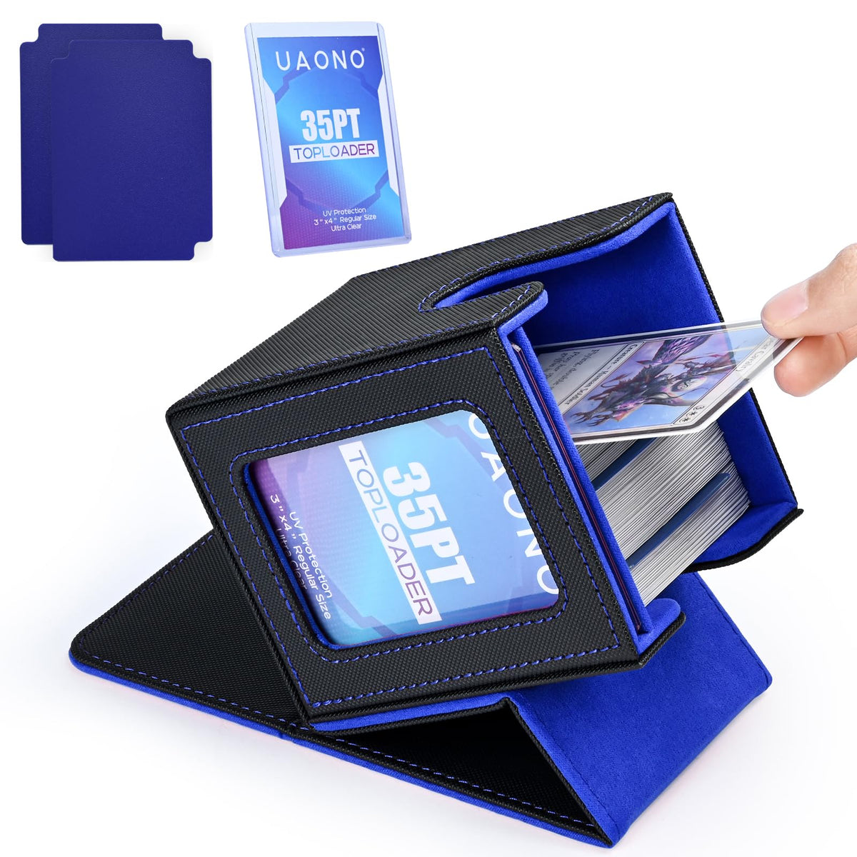 UAONO Card Deck Box with MTG Commander Display, Patented Design Card Deck Case Holds 100+ Double-Sleeved Cards, PU Leather Cards Storage Box for TCG with 2 Dividers, 1 Toploader (Black&Blue)
