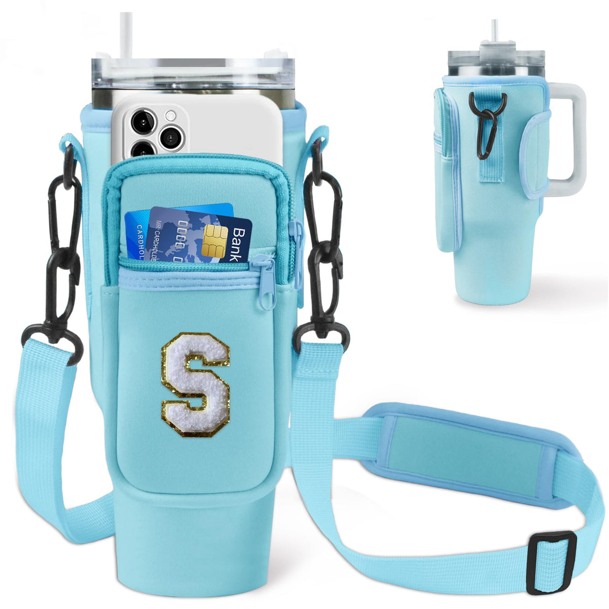 Aganmi Initial Water Bottle Carrier Bag with Phone Pocket for Stanley 40Oz Cup Accessories,Water Bottle Holder with Shoulder Strap Mothers Day Birthday Gifts for Women Mom Teacher Friend (Blue S)