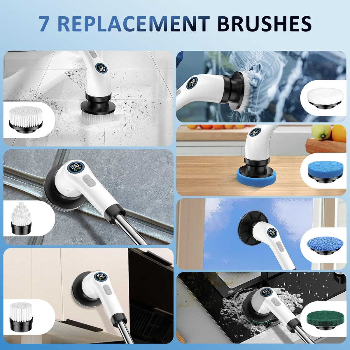 Electric Spin Scrubber Upgraded Battery with Extra-Long Runtime, IPX7 Waterproof Power Cleaner with 7 Brush Heads, 2 Speeds Adjustable Long Handle for Bathroom, Floor, Shower, Tile & Kitchen Cleaning