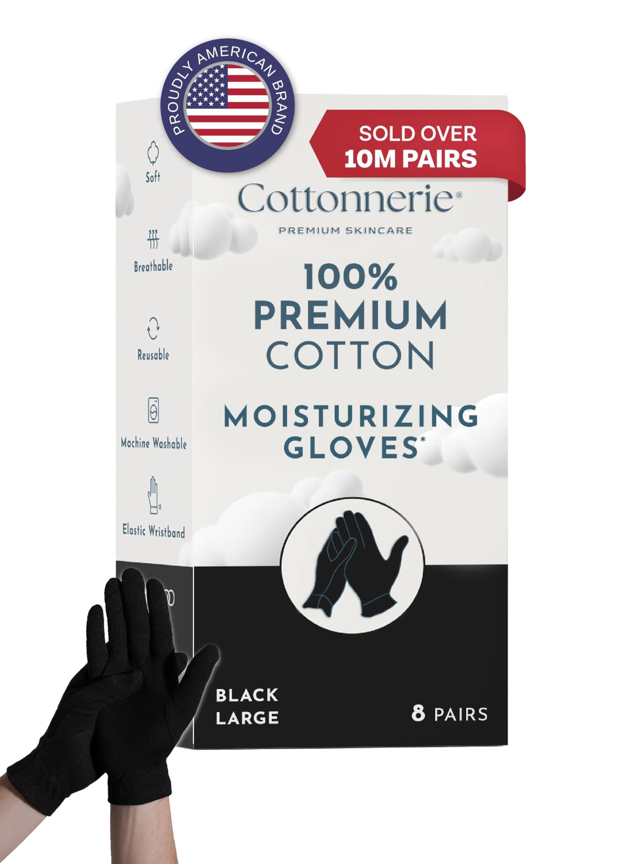 Gaxcoo Cottonnerie Cotton Gloves for Dry Hands, Moisturizing Overnight, Sleeping Eczema Gloves, Large 8 Pair, Black