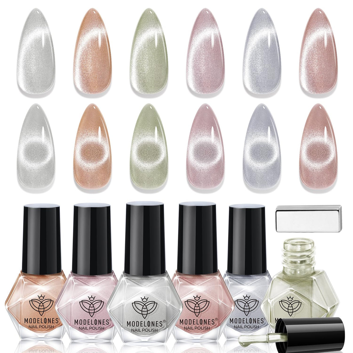 modelones Cat Eye Nail Polish Set, 6 Colors Magnetic Silver Pink Red Purple Quick Dry Mini Nail Lacquer Kit, Green Orange Blue Long Lasting Crystal Velvet Manicure Home DIY Fall Gift for Women Girl