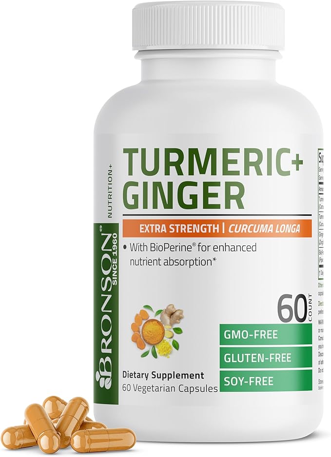 Bronson Turmeric + Ginger Extra Strength Joint Health & Digestion Support with BioPerine, Non-GMO, 60 Vegetarian Capsules