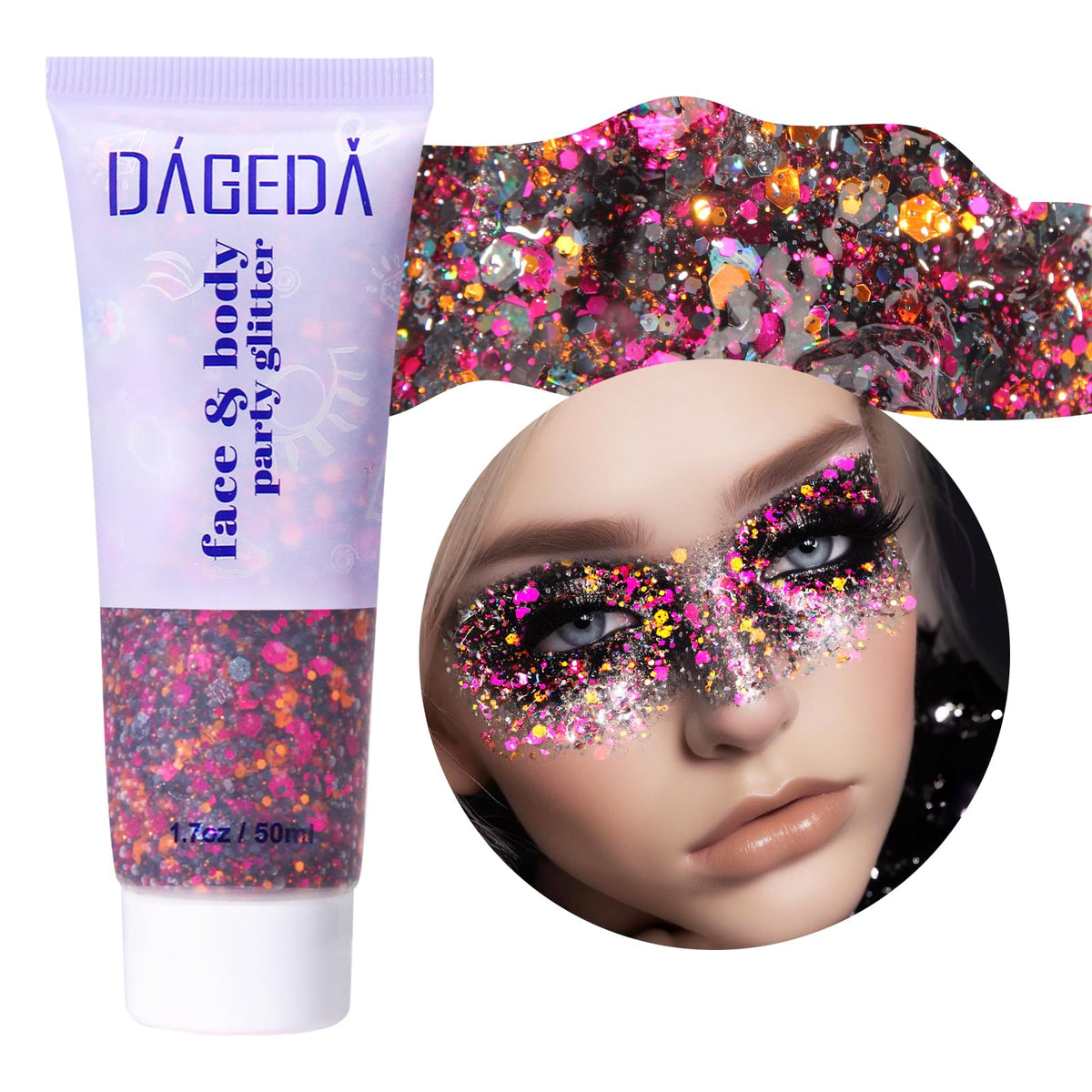 DAGEDA Halloween Body Glitter Gel, Face Glitter Body Gel Sequins Shimmer, Halloween Decor Makeup Chunky Glitter for Face Hair Nails, Holographic Cosmetic Laser Powder Festival Glitter Makeup 50ml