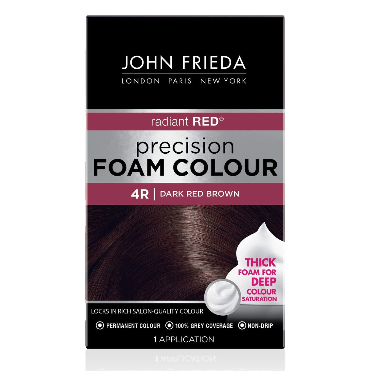 John Frieda Precision Foam Colour, Dark Red Brown 4R, Full-Coverage Hair Color Kit, Anti-Fade Gray Coverage, Deep Color Saturation Hair Dye, 1 Application