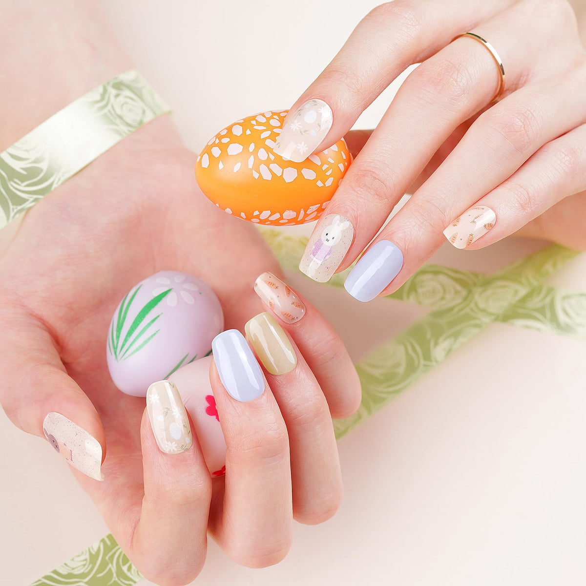 DANNI & TONI Spring Gel Nail Strips Semi Cured Gel Nail Wraps Eggs Bunny Carrot (Whimsical Woodland)