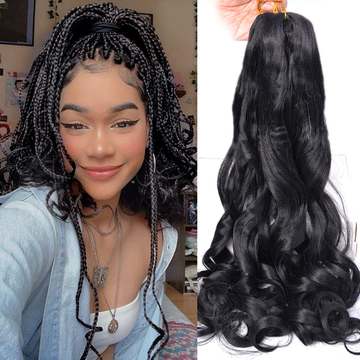 French Curly Braiding Hair 16 inch Loose Wavy 8 Pack Bouncy Braiding Hair extensions 1B Black 75g/Pack French Curls Synthetic Hair Extensions(16 Inch,8 Packs,1B)