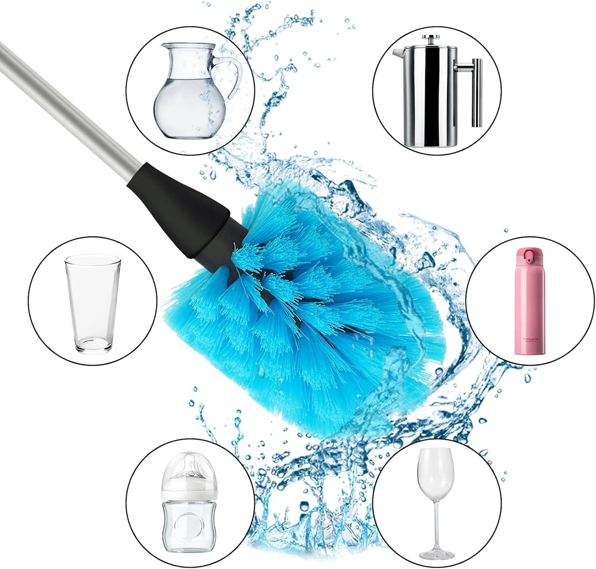 Water Bottle Brush Stainless Steel Long Handle Bottle Cleaner Scrubbing Brush for Cleaning Sports Bottles, Baby Bottles, Cups, Coffee Mugs, Glasswares, Wine Decanters, Flask, Vase, and Kitchen Sink