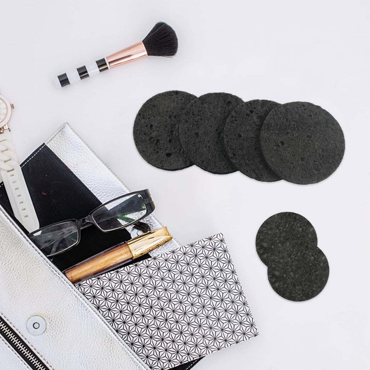 100-Count Facial Sponges Compressed Natural Cellulose Sponge Round Shape Face Sponge for Face Cleansing Exfoliating and Makeup Removal, Black