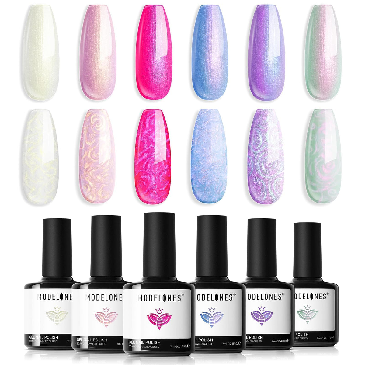 modelones Pearl Gel Nail Polish Set, 6 Colors Ocean Shimmer White Hot Pink Purple Blue Green Mermaid Glitter Gel Polish Soak Off Nail Drawing Nail Gel Polish Swirl Shell Thread Effect DIY Gift