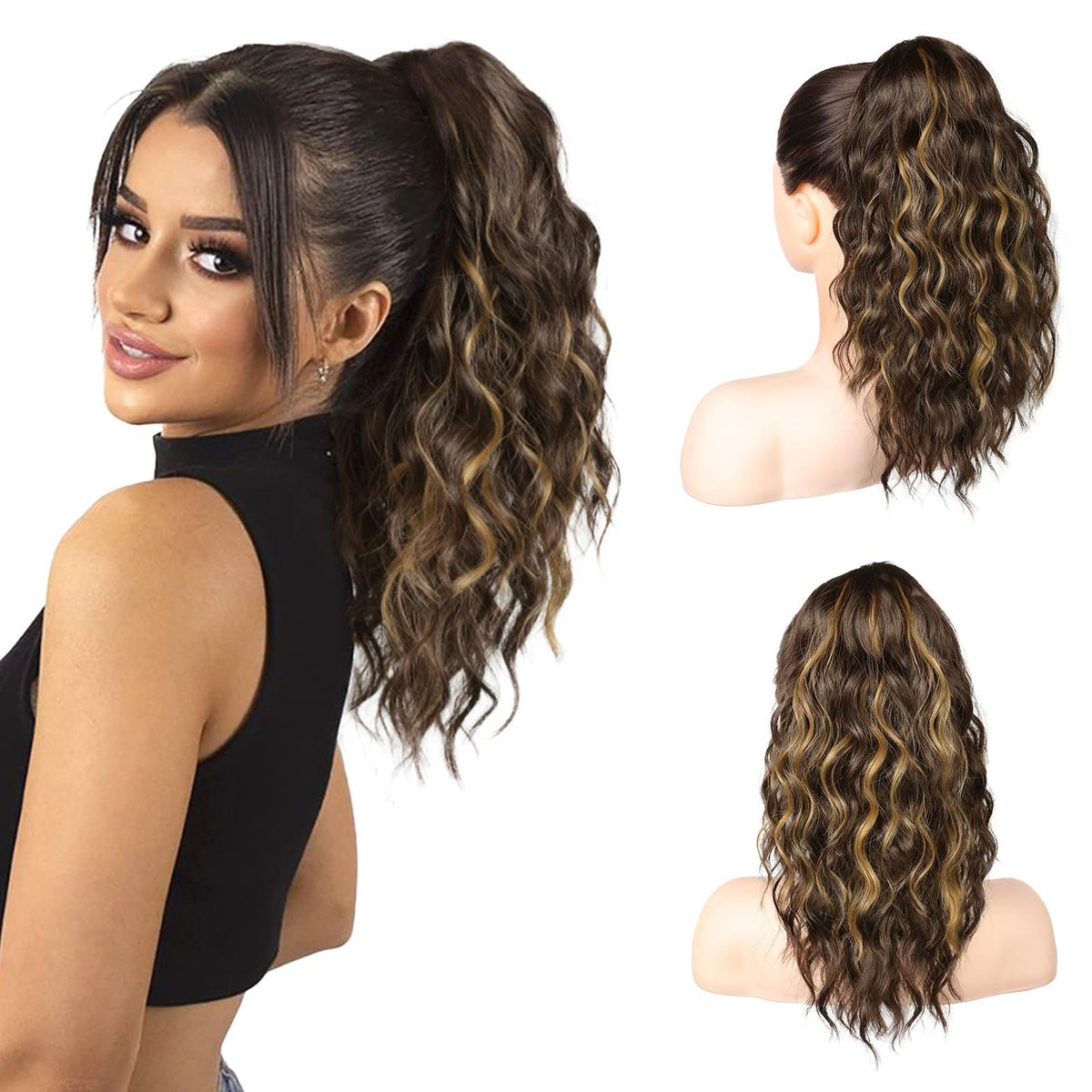 SEIKEA 14" Highlight Ponytail Extension Claw, PT002 Tia Long Multi Layered Fluffy Thick Wavy Jaw Clip in Fake Pony Tails Fake Hair Synthetic Hairpiece Chocolate Brown with Caramel Blonde Highlights