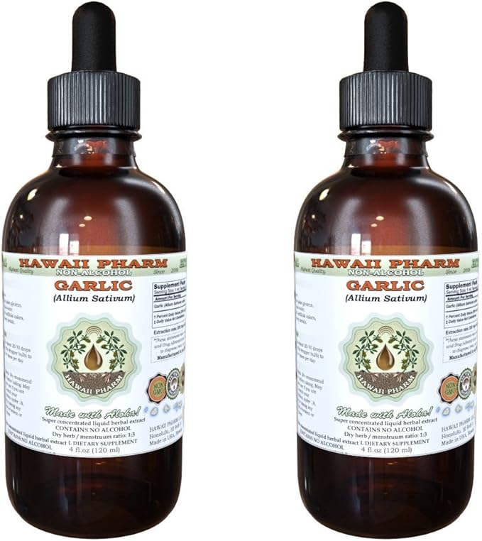Garlic Alcohol-Free Liquid Extract, Organic Garlic (Allium sativum) Dried Powder Glycerite Hawaii Pharm Natural Herbal Supplement 2x2 oz