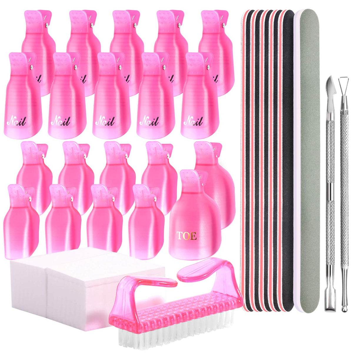Teenitor Nail Polish Gel Remover Tool Kit With Soak Off Clips, Cuticle Pusher Peeler Scraper, Remove Pads, Files, Buffer Block, Pink Nail Brush