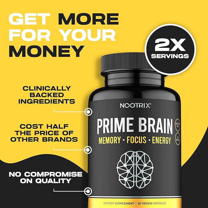 Prime Brain Nootropic Supplement | Supports Memory, Mental Focus, Cognitive Health & Energy | Promotes Healthy Mood & Brain Function | Ginkgo Biloba, Lion's Mane & L Theanine | 60 Capsules
