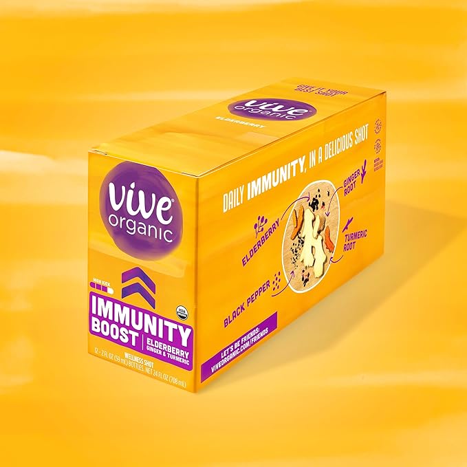 Vive Organic Immune Support Elderberry Shot, Cold-Pressed Turmeric & Ginger, Gluten Free, Vegan, Immunity Boost Elderberry, 2 Fl Oz (Pack of 12)