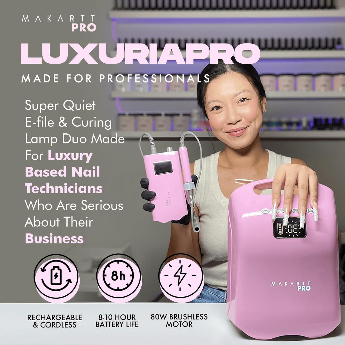 LuxuriaPro 35000 RPM Professional Nail Drill - 85W Brushless Motor | High Torque | Quiet & Vibration-Free | Portable, Rechargeable & Cordless Nail Drill for Technicians - Baby Pink