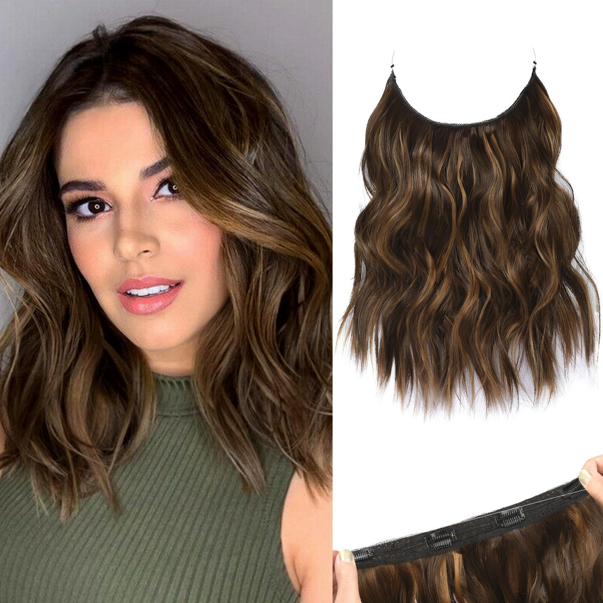 REECHO Invisible Wire Hair Extensions with Thinner Softer Lace Weft (Chocolate Brown with Golden Highlights, 12 Inch (Pack of 1))