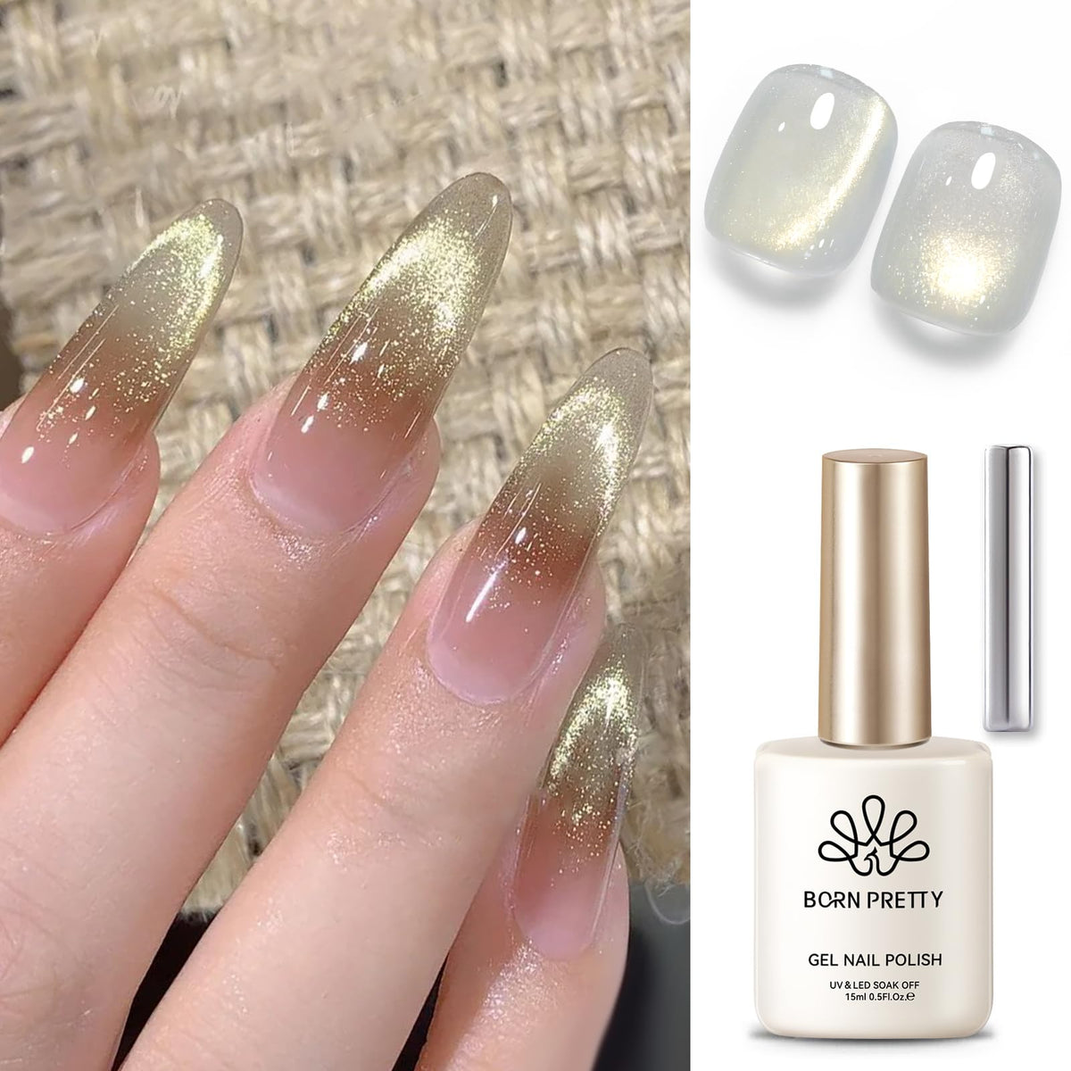 Born Pretty Gold Cat Magnetic Eye Gel Nail Polish Holographic Glitter Gel Polish Glass Magnetic Gel Nail Polish 15ML