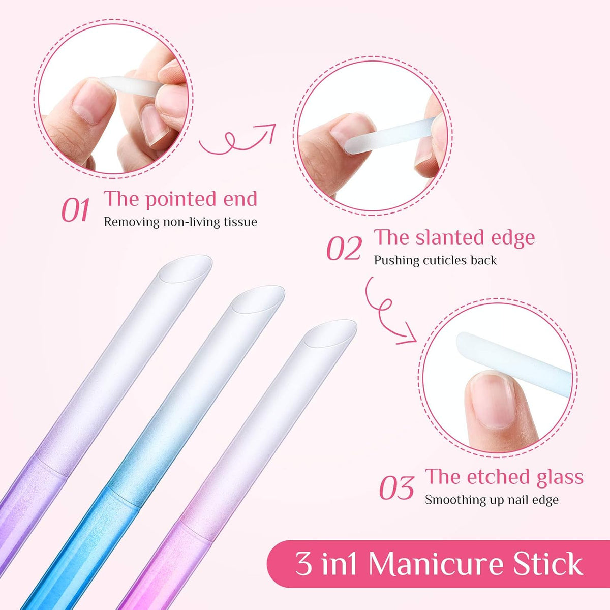 Maitys 6 Pieces Glass Cuticle Pusher Glass Cuticle Stick Set Double Sided Crystal Nail Files Precision Manicure Pedicure Pusher Tools(Pink, Blue, Purple)