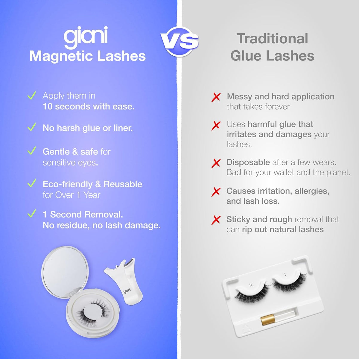 Giani Magnetic Eyelashes with Applicator - Reusable Magnetic Lashes Kit - Natural Soft Looking False Eyelashes - Applicator and Mirror Case Included - No Glue or Eyeliner Needed - Simple Style