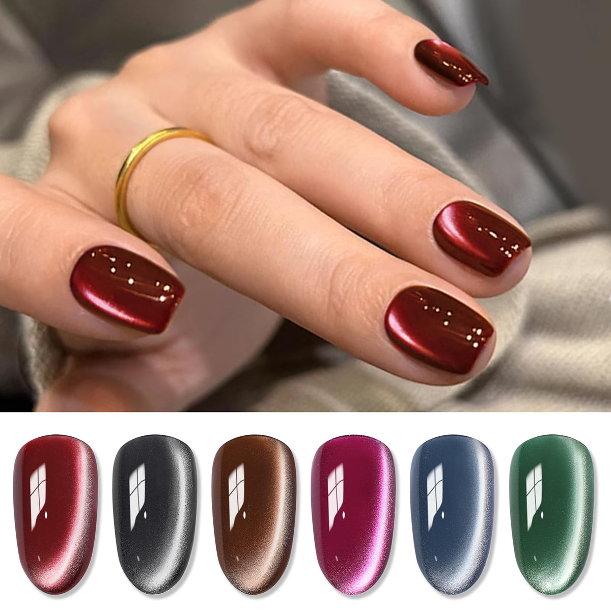 Born Pretty Cat Magnetic Eye Gel Nail Polish, Fall Winter Retro Cat Magnetic Gel, Pink Brown Blue Gray Green Magnetic Soak Off Nail Art Salon Manicure Home Gift 7ML 6PCS