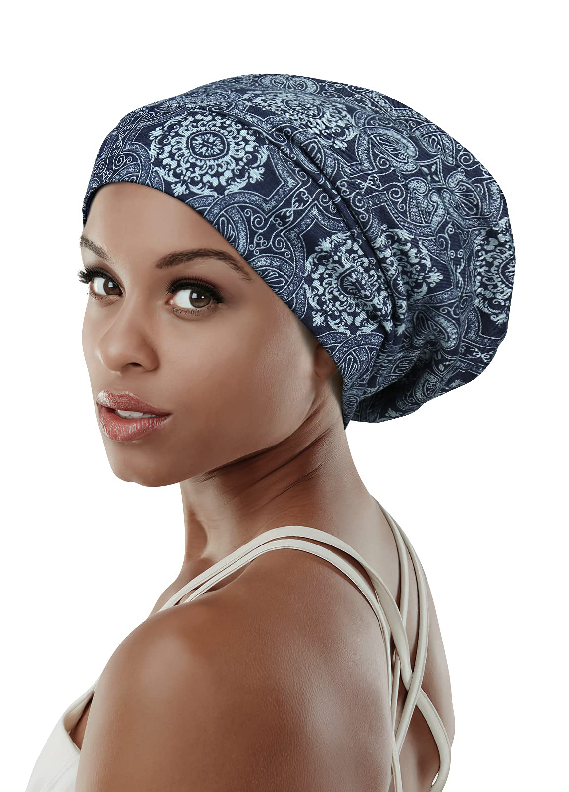 FocusCare Elastic Slap Headwear for Long Frizzy Hair Sleep Slouchy Beanie Dark Blue