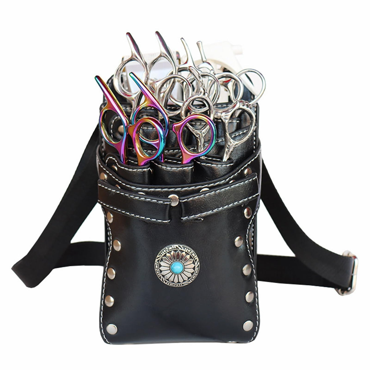 Hairstylist Waist Bag, 7-Slot PU Leather Barber Scissors Tool Bag Shear Holder, Detachable Hair Cutting Organizer for Combs, Clippers, and Spray Bottles (Black)
