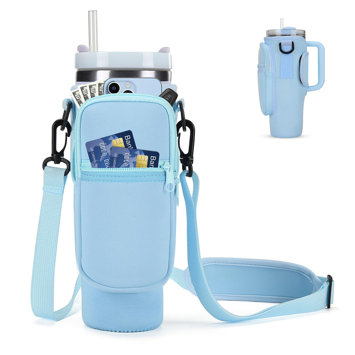 GOEWY Water Bottle Carrier Bag for Stanley 30oz Tumbler with Phone Pocket Water Bottle Holder with Strap Neoprene Water Bottle Pouch for Stanley Cup Accessories