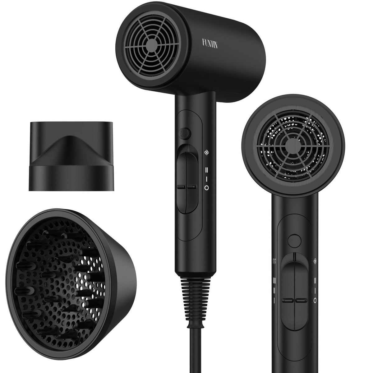 FUNTIN Hair Dryer, Blow Dryer with Diffuser Brush Comb for Women 4C Thick Curly Hair 1800w-Professional Black