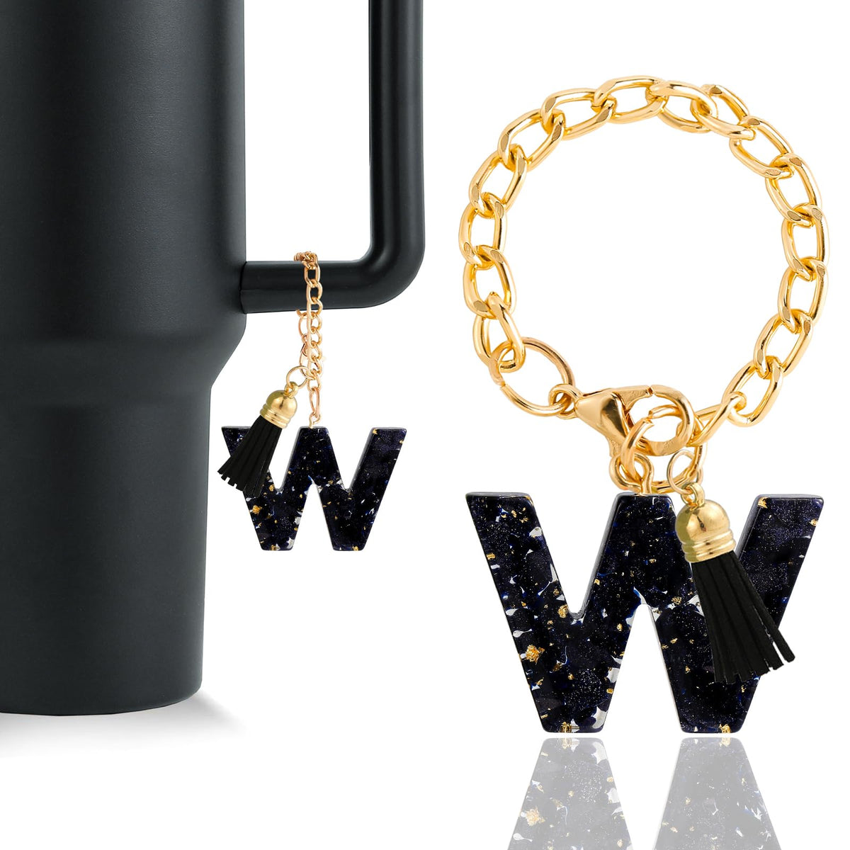 Letter Charm Accessories for Stanley Cup 1 PCS Cute Initial Keychain Handle Charm for Stanley Tumbler for Women Black Letter W
