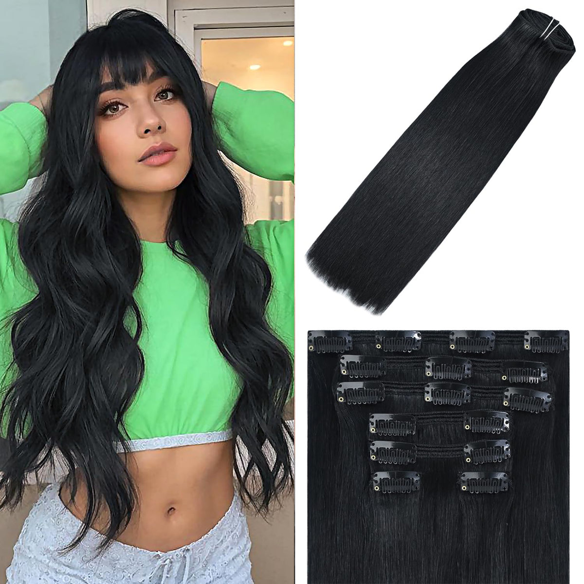 WindTouch Clip in Hair Extensions Real Human Hair 120g 18 inch 7pcs #1 Jet Black Human Hair Clip in Extensions Remy Hair Soft Human Hair Extensions Clip ins Silky Straight