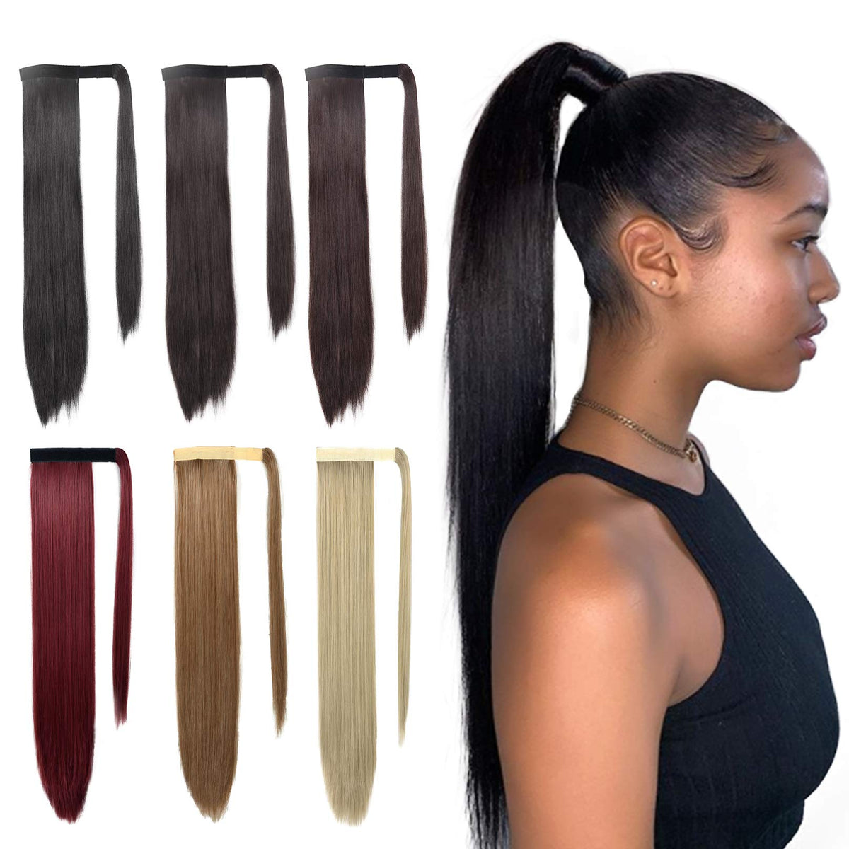 SEIKEA 24" Ponytail Extension Clip in Long Straight Wrap Around Pony Tail Natural Soft Synthetic Hairpiece Hair Extensions for Women Color Black
