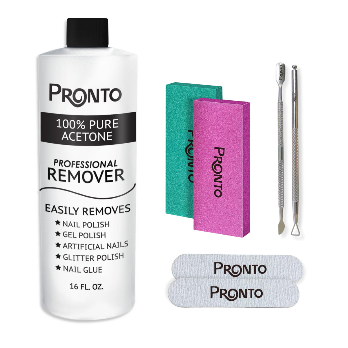 Pronto Pure Acetone 16 oz Nail Polish Remover Gel Nail Kit, Acrylic Nail Kit Including Cuticle pusher, Nail File, Nail Buffer, and Nail scraper- Ideal For Gel Nail Polish & Dip Powder Removal