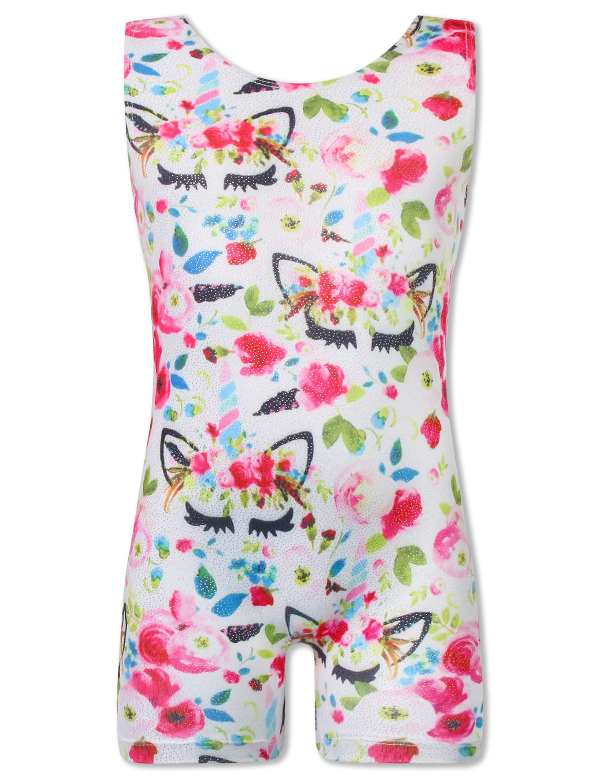 Girls Gymnastic Leotards with Shorts Size 7-8 Years Old Sparkly White Unicorn Flowers Print Sleeveless Biketards Fitted Tumbling Unitard