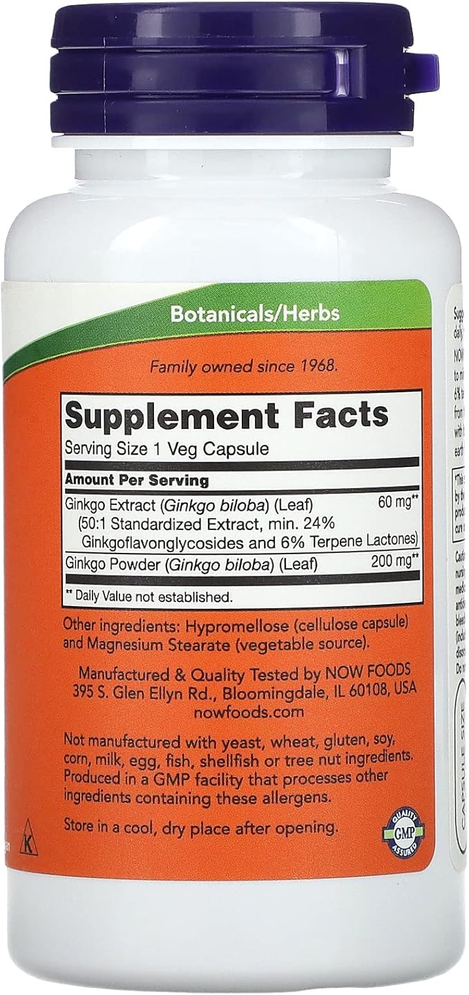 NOW Foods Ginkgo Biloba 60mg 24% Extract, 60 Capsules