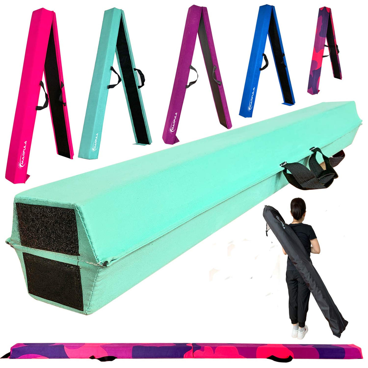 Marfula 6 FT / 8 FT / 9 FT Gymnastics Balance Beam Floor Folding Beam - Extra Firm - Suede Cover - Anti Slip Bottom with Carry Bag For Kids/Adults Home Use (Teal, 6 FT)