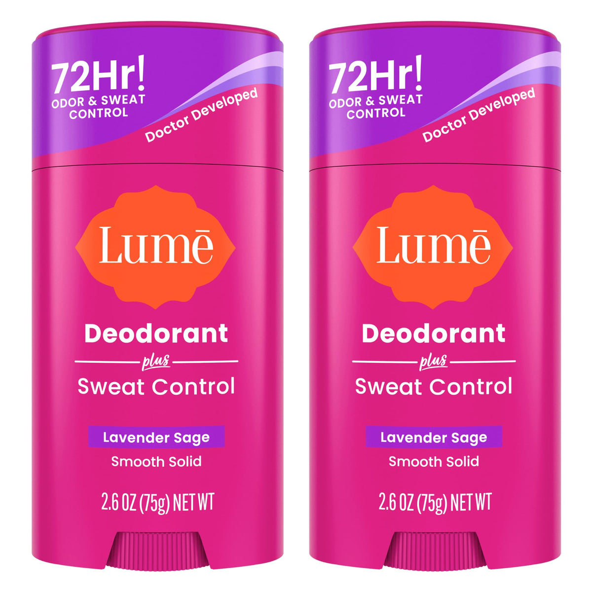Lume Deodorant Plus Sweat Control - Smooth Solid Stick - Maximum Strength Antiperspirant - 72 Hour Odor And Sweat Control - Baking Soda Free, Skin Loving - 2.6 ounce (Lavender Sage) Pack of 2