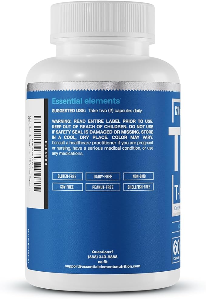 Essential Elements Male Health Supplement - Muscle Support & T-Health with DIM, Ashwagandha, Shilajit, More | T-Hero 60 Vegan Capsules (2-Pack)