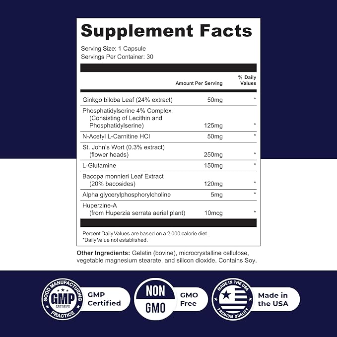 MemoForce - Natural Supplement with Ginkgo Biloba, Bacopa Monnieri for Brain & Memory Support | Non-GMO, Stimulant-Fre | Made in The USA, GMP-Certified | 30 Capsules - 6 Month Supply