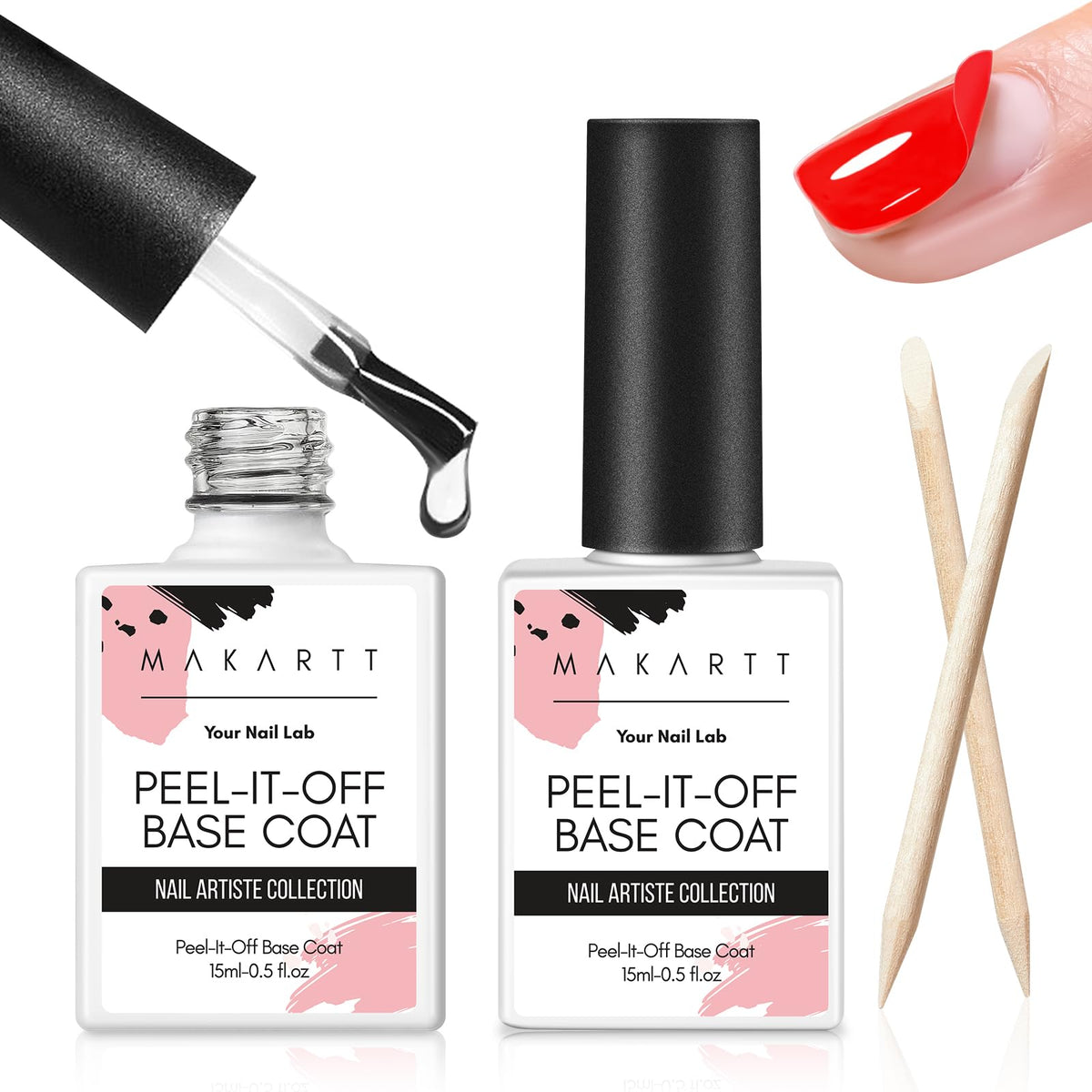 Makartt Gel Polish Peel Off Base Gel- 15ml x 2, UV LED Nail Lamp Needed Peelable Base Coat, No Filing or Soaking Required, Easy Removal for Nail Practice Beginners DIY Manicures at Home