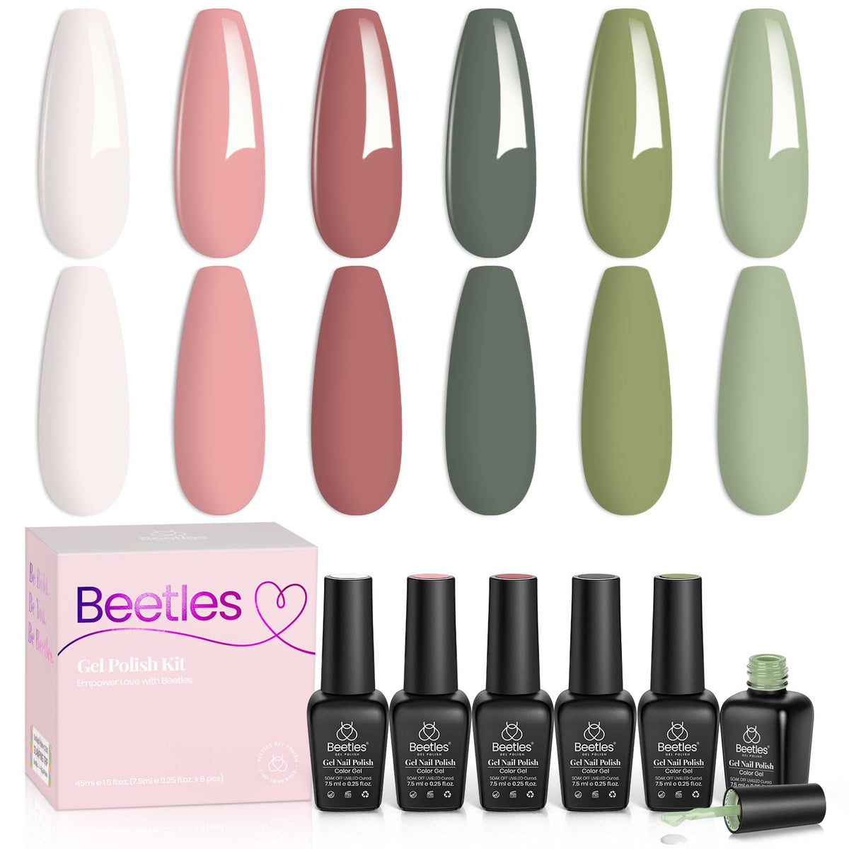 Beetles Gel Nail Polish, 6 Colors Sage Green Tranquil Grace Collection Pink Olive Green White UV Nail Polish Manicure Art Design Gifts for Women