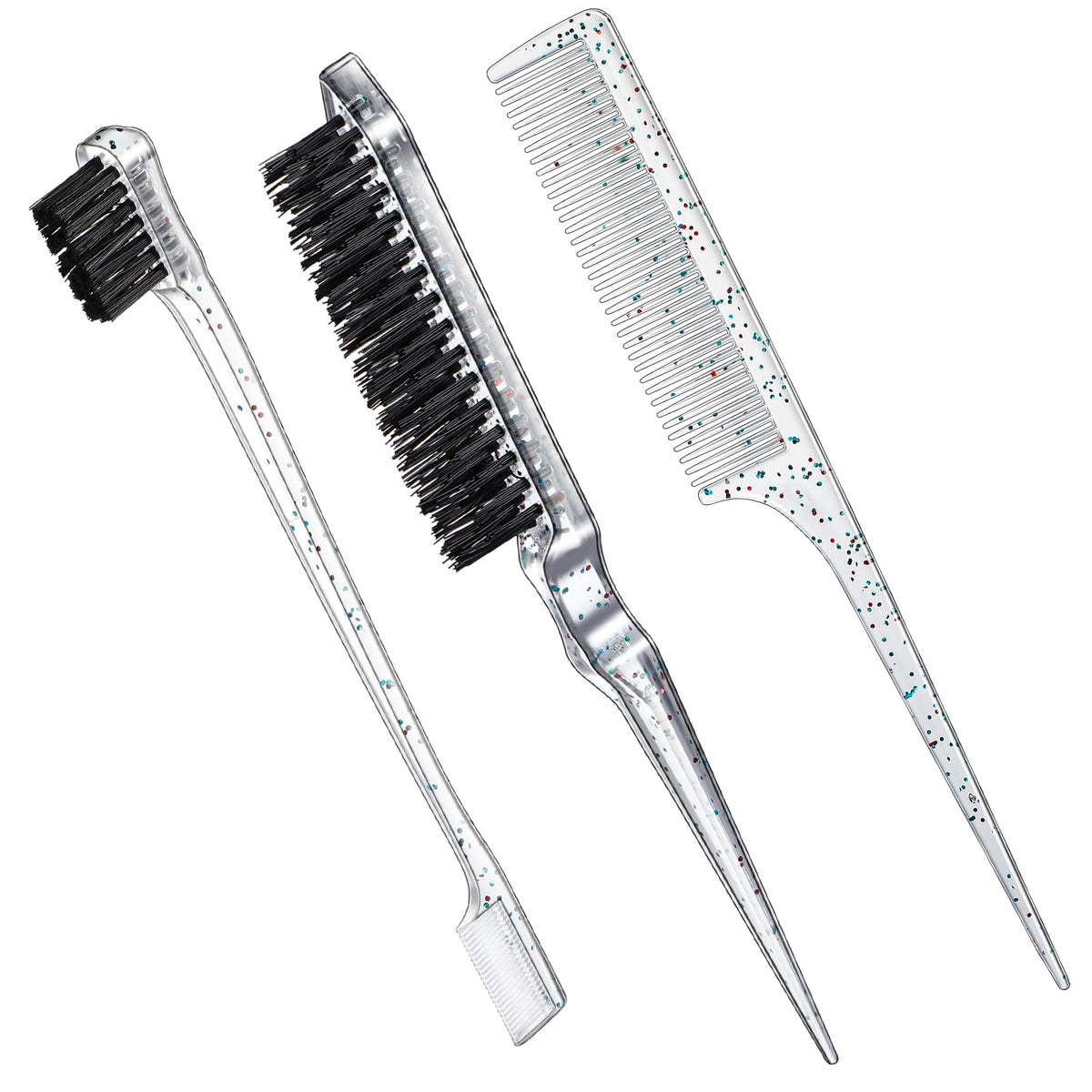 Geiserailie 3 Pcs Slick Back Hair Brush Set Bristle Brush Edge Control Teasing Comb for Women Black Hair(Clear Red)